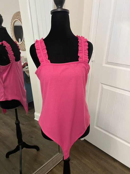 Simply Southern Tops - Simply Southern Ribbed Ruffle Strap Bodysuit - Hot Pink Size XL